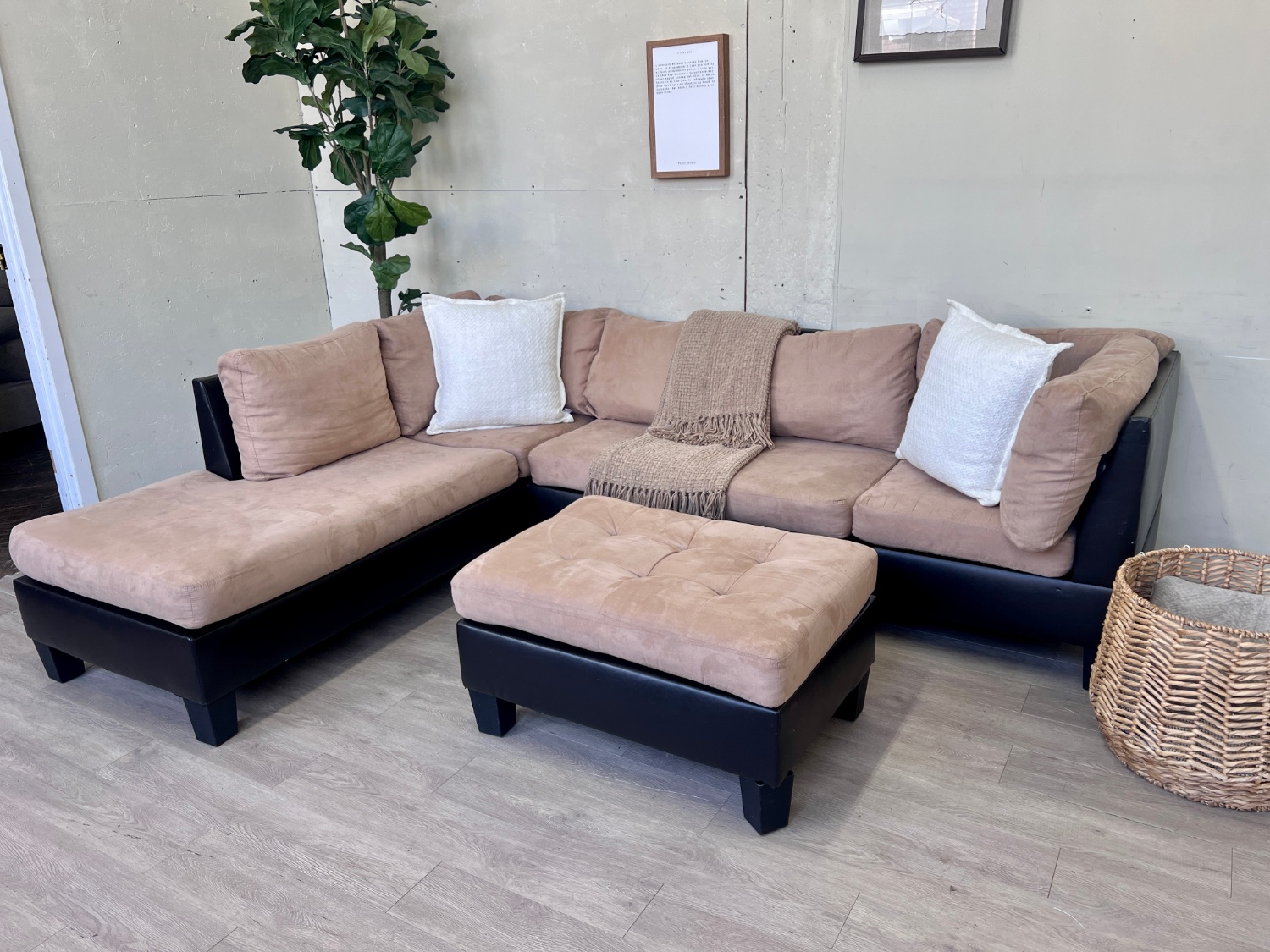 FREE DELIVERY! 🚚 - Beige Microfiber with Leather Tufted Modern Sectional Couch with Chaise & Ottoman Set Image #2 | Ivy Store
