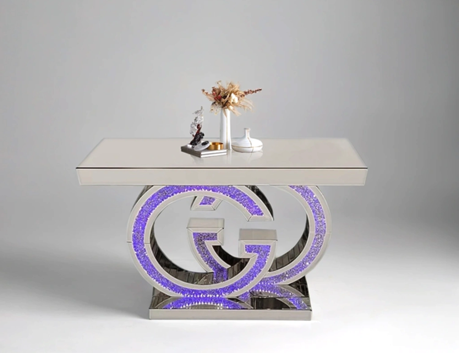Glam Console Table with Blue LED Crushed Diamond Base Image #2 | Ivy Store