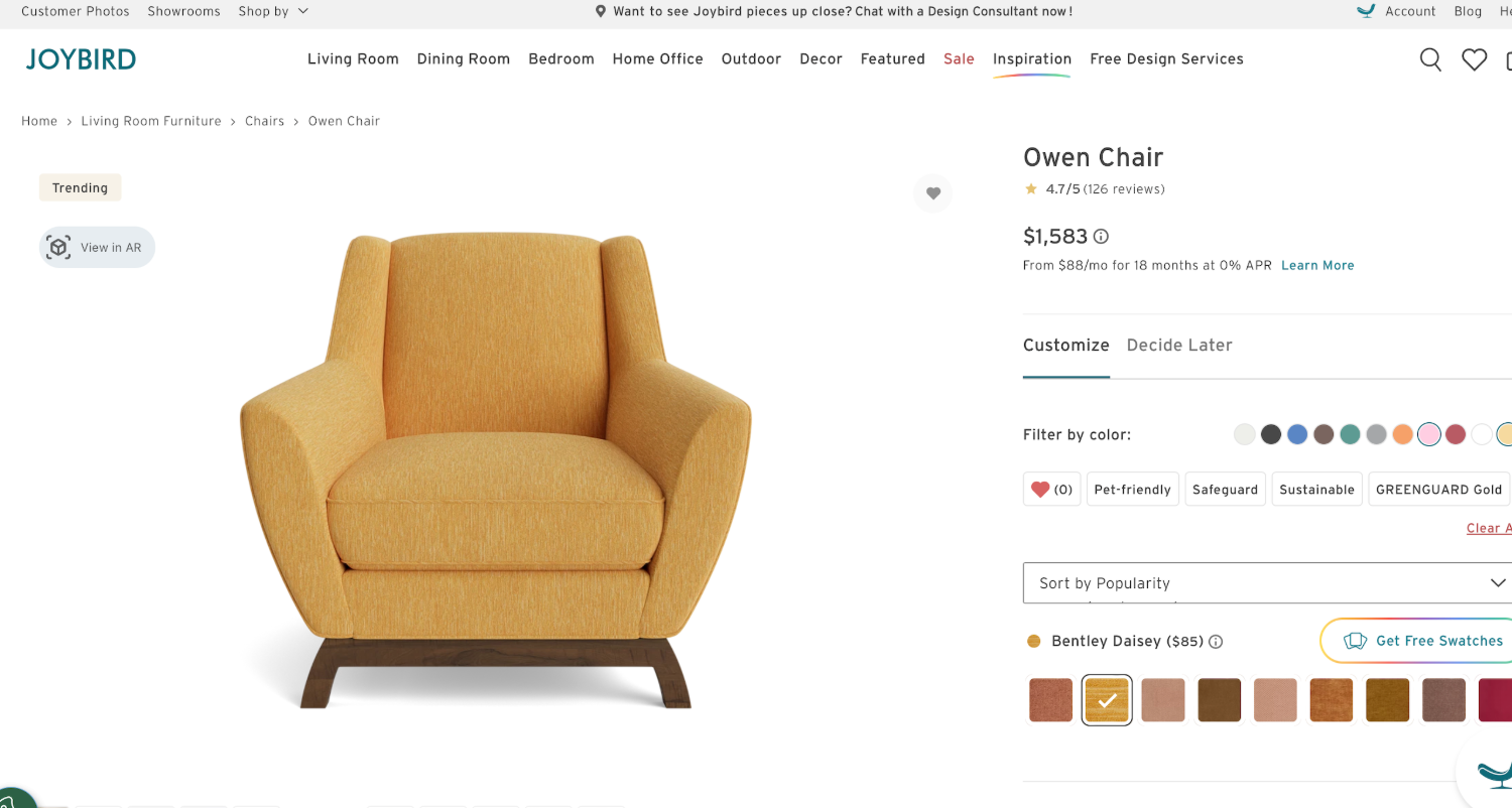 Yellow Accent Chair Joybird New - Free Delivery  image | Ivy Store