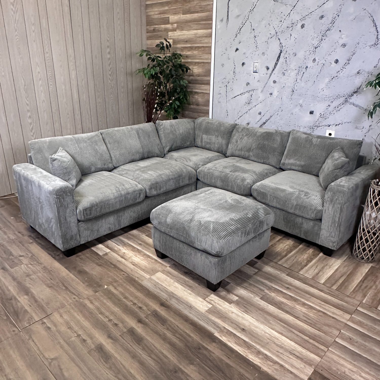 New! Grey Corduroy Sectional With Ottoman  image | Ivy Store