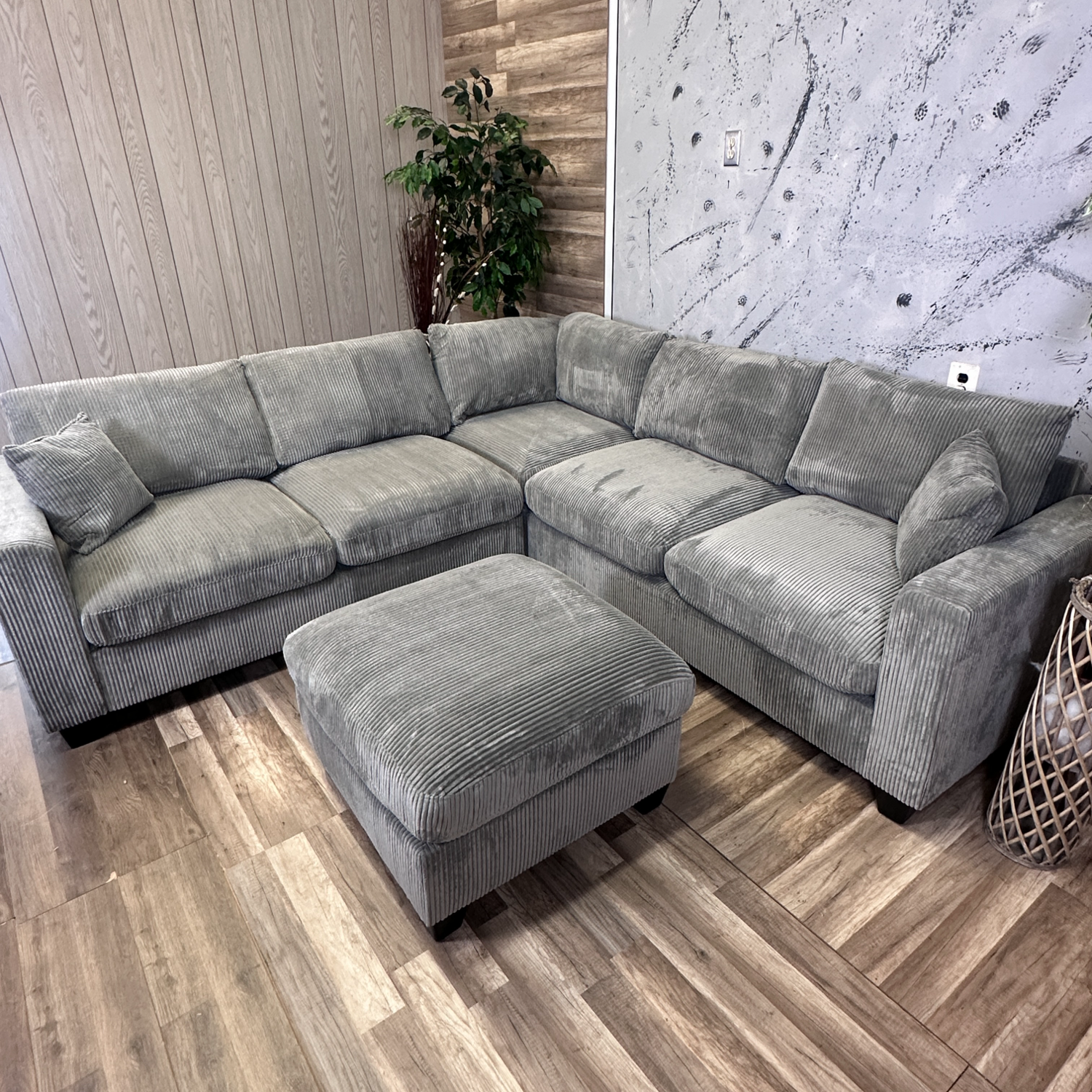 New! Grey Corduroy Sectional With Ottoman  image | Ivy Store