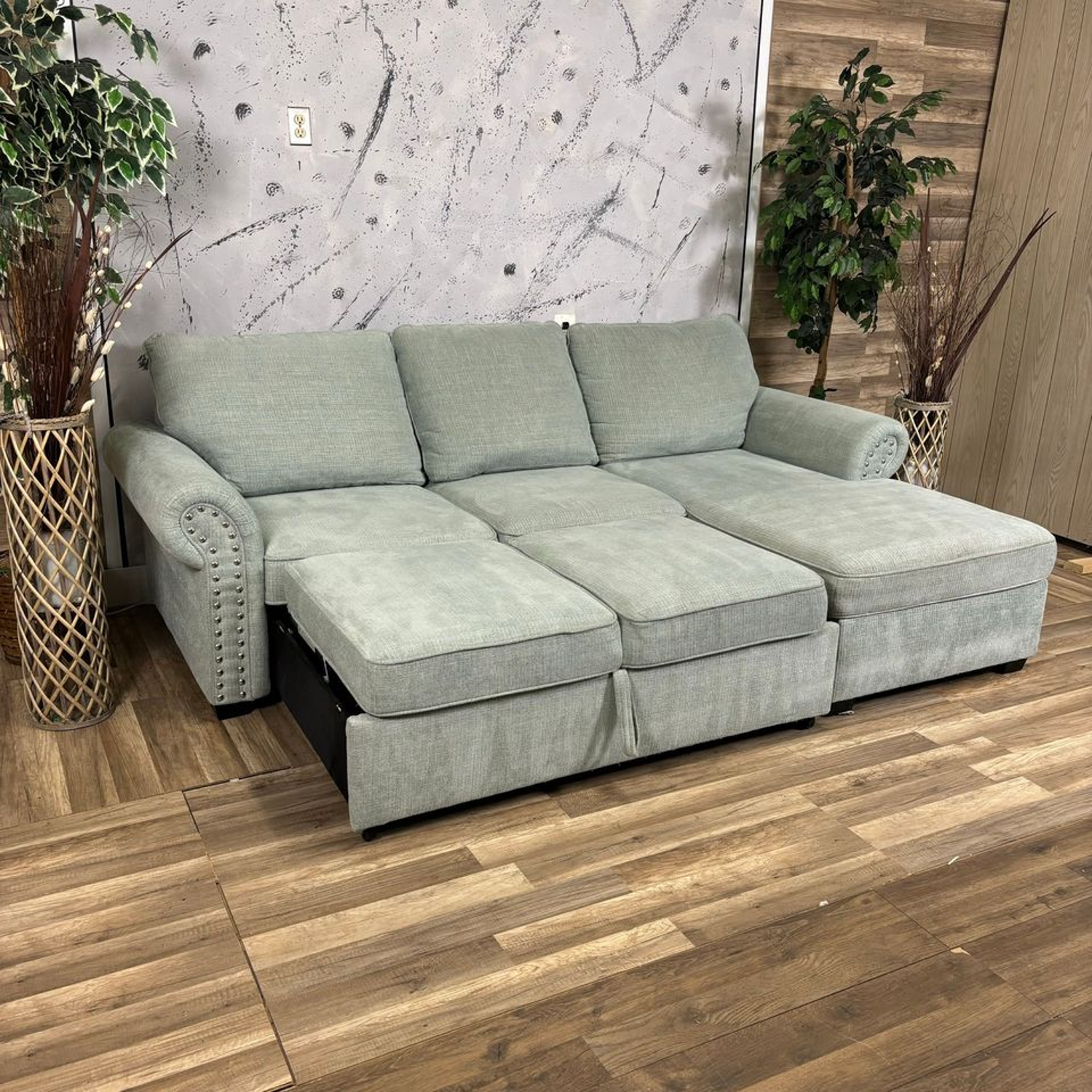 Bob's Furniture Mint Green Sleeper Sectional w/ Storage image | Ivy Store