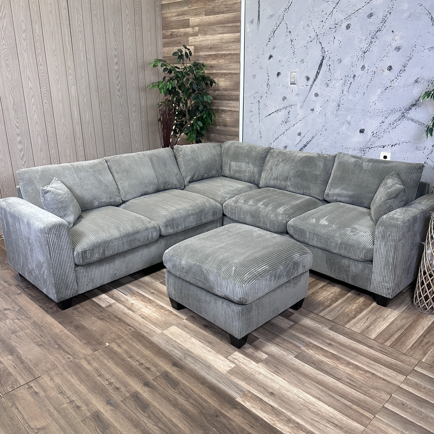New! Grey Corduroy Sectional With Ottoman  image | Ivy Store