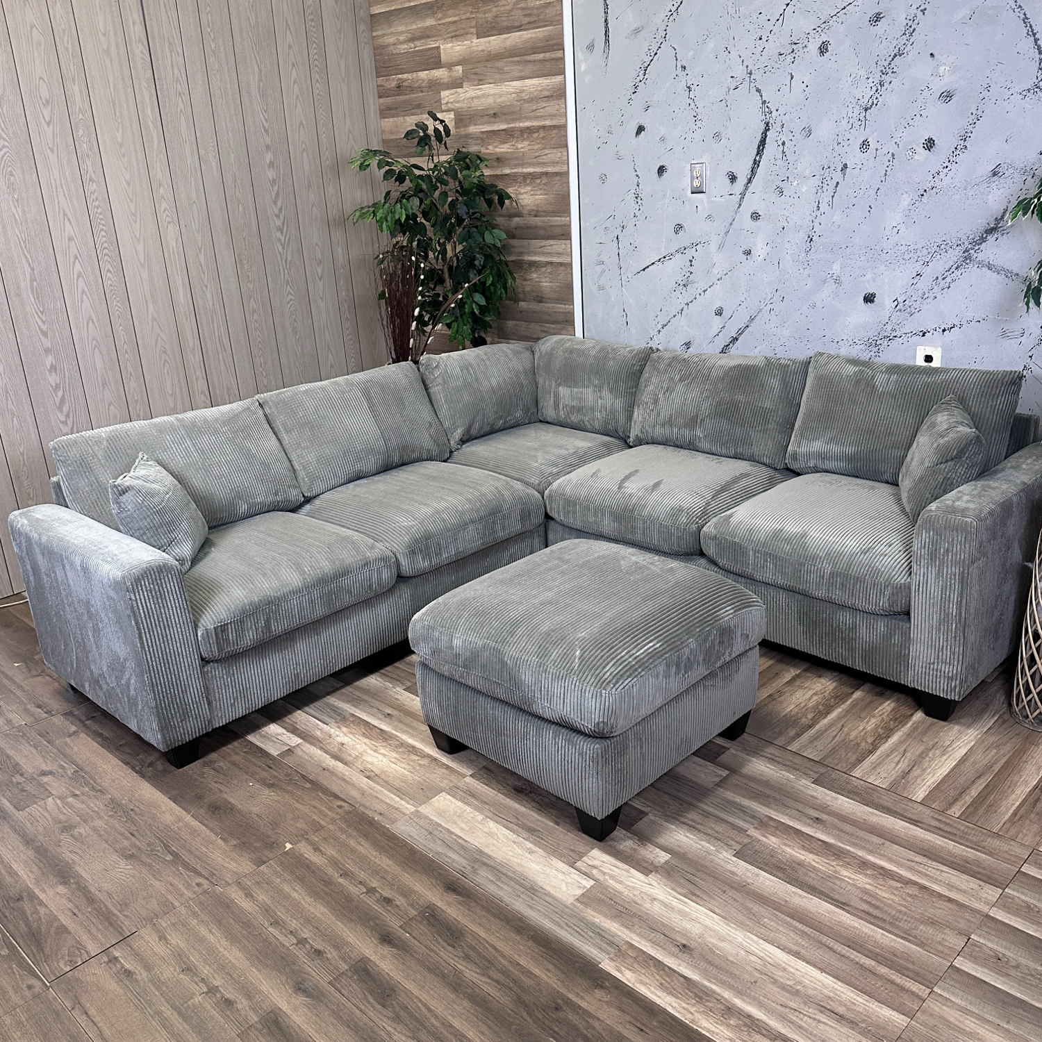 New! Grey Corduroy Sectional With Ottoman  image | Ivy Store