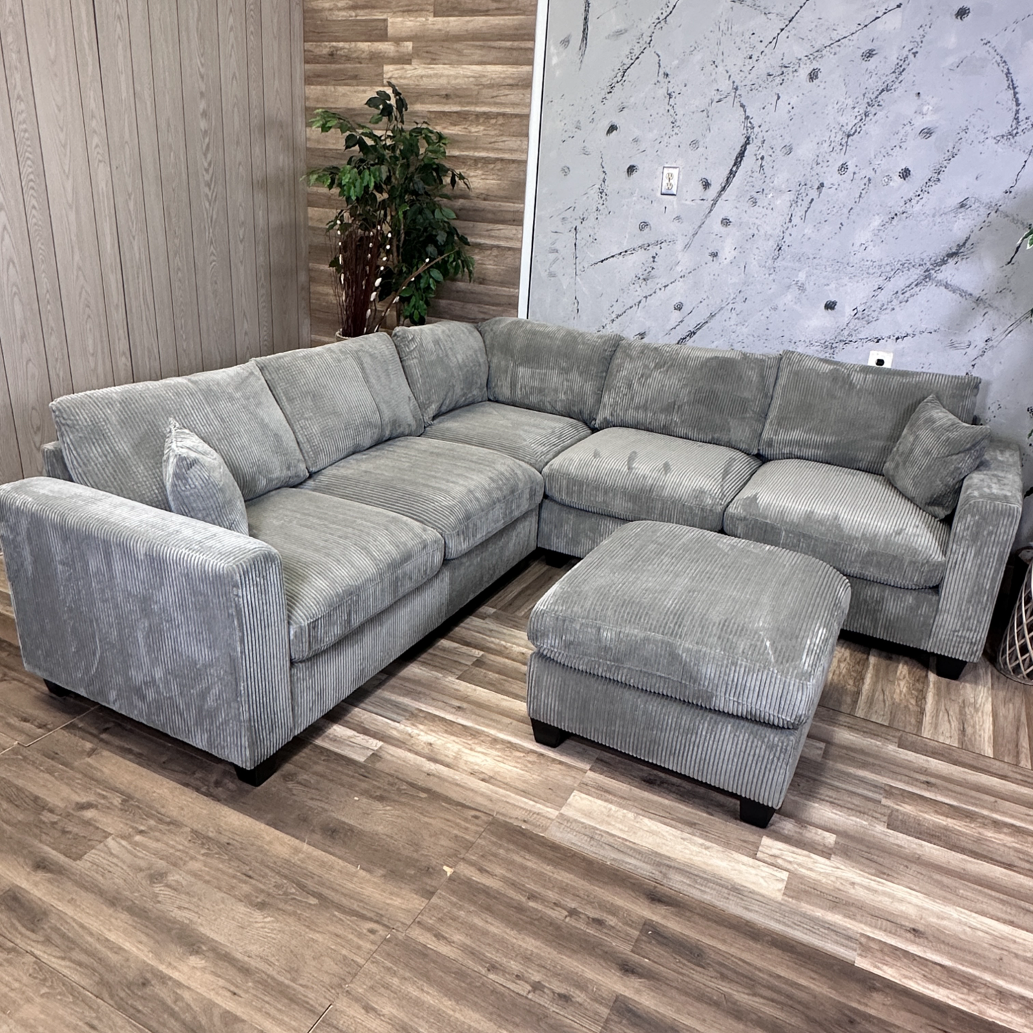 New! Grey Corduroy Sectional With Ottoman  image | Ivy Store