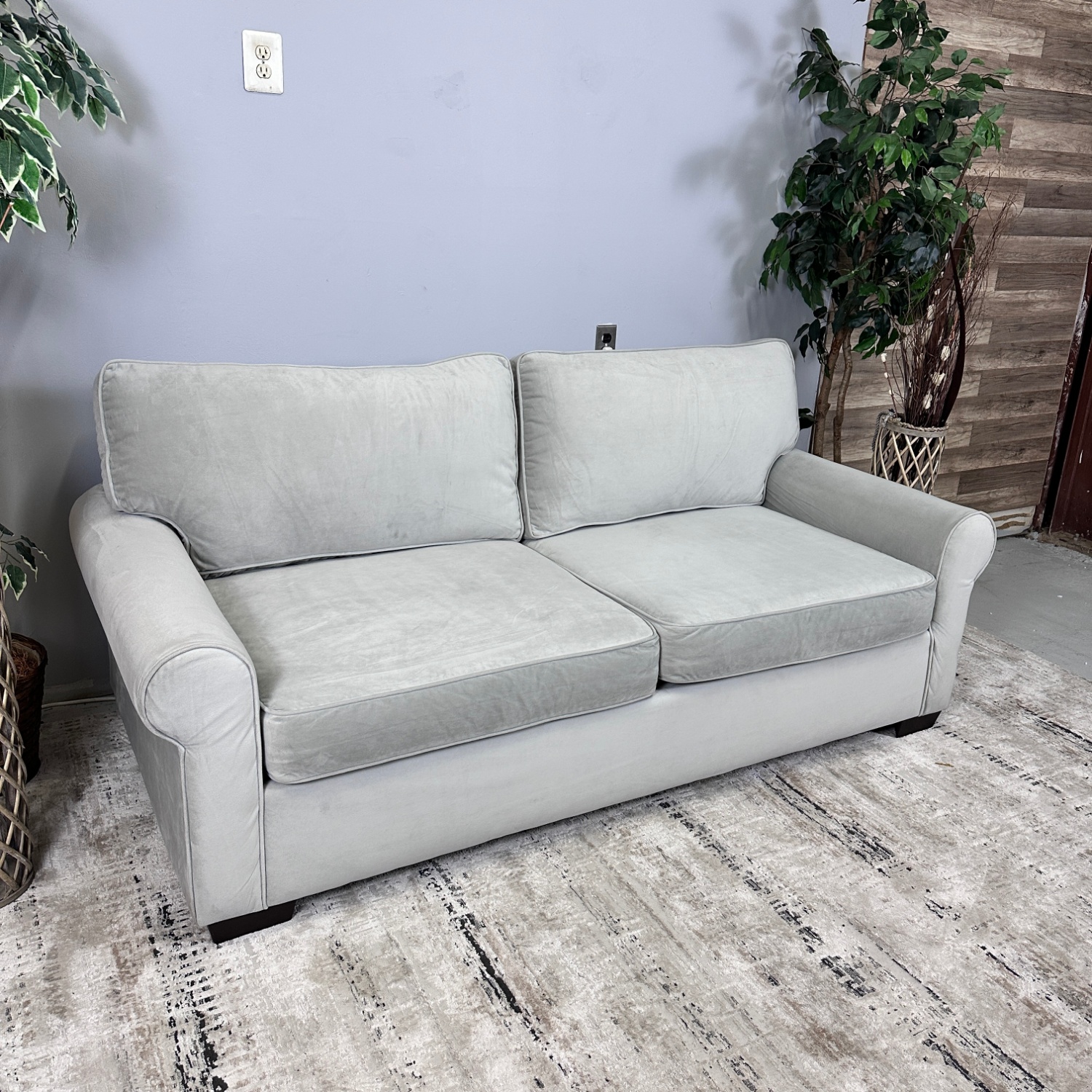 Delivery Available - Light Grey Velvet Sofa Couch Image #2 | Ivy Store