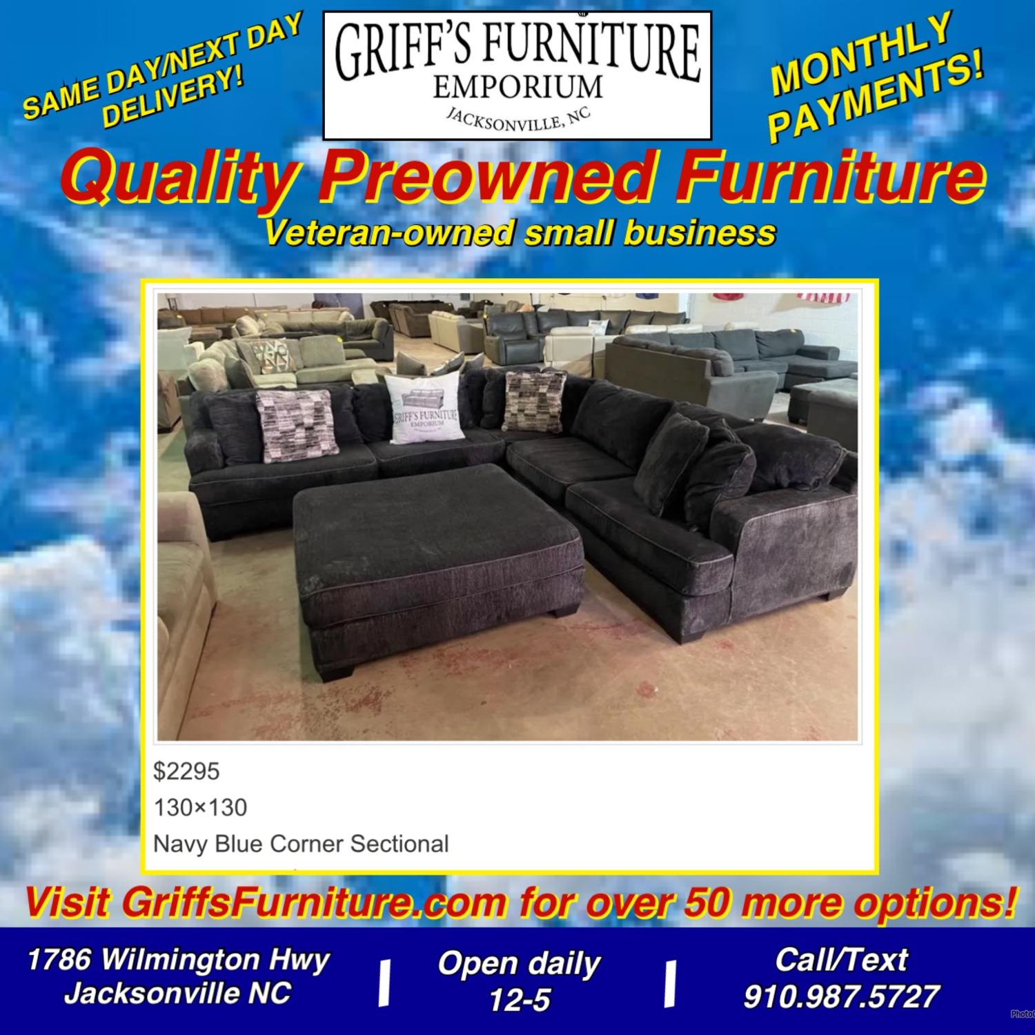 Blue plush ashley sectional w/ ottoman |🚛 Delivery! Image #1 | Ivy Store