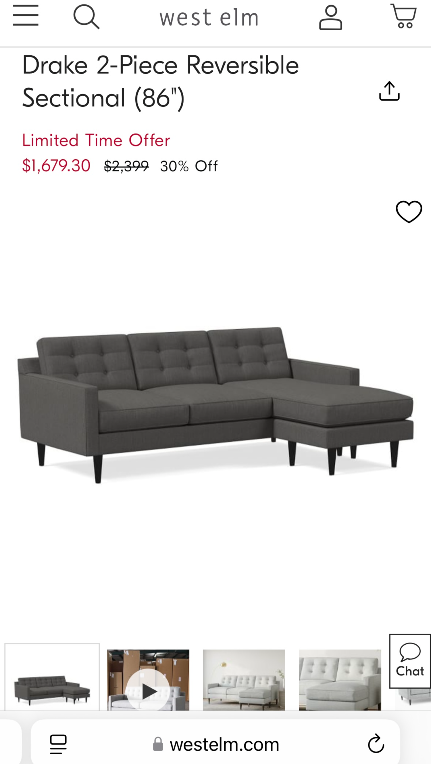 West Elm Blue 2-Piece Sectional w/ Reversible Chaise Image #2 | Ivy Store