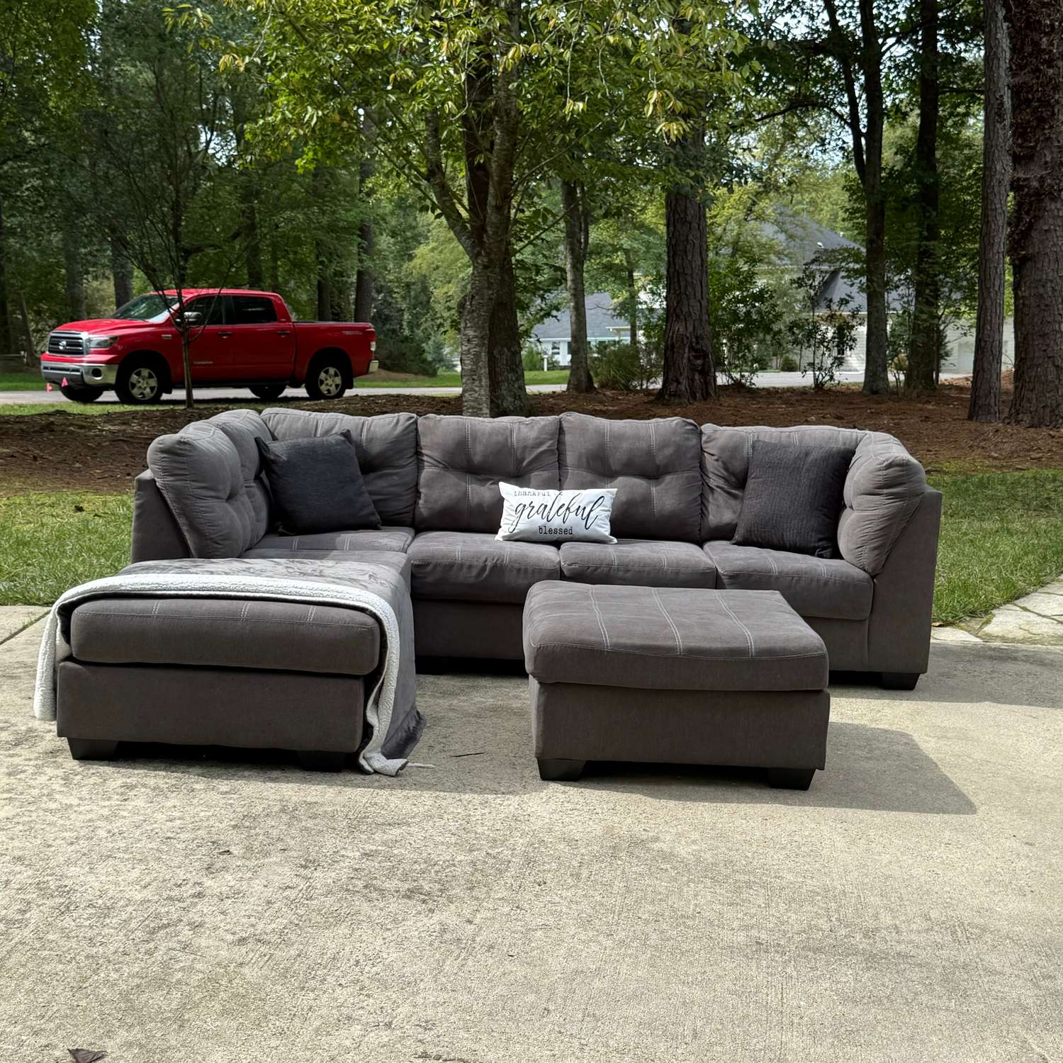 Free Delivery - Gray Ashley Furniture 2 Piece Sectional Couch + Ottoman Image #1 | Ivy Store