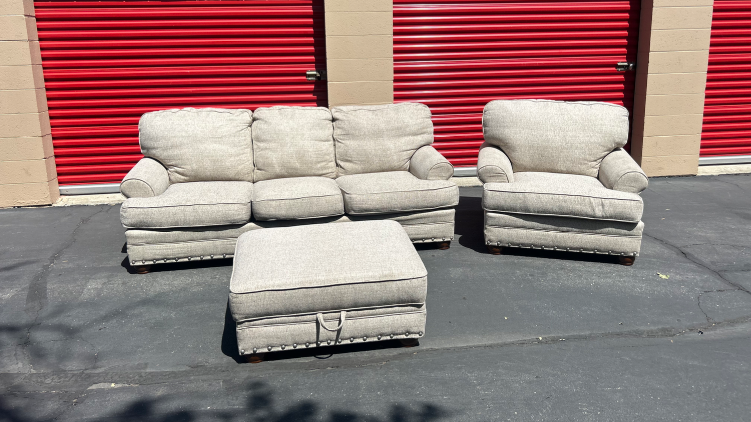 Free Delivery Ashley Beige couch/sofa and chair w/ottoman set Image #1 | Ivy Store