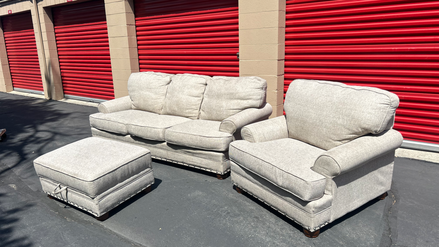 Free Delivery Ashley Beige couch/sofa and chair w/ottoman set image | Ivy Store