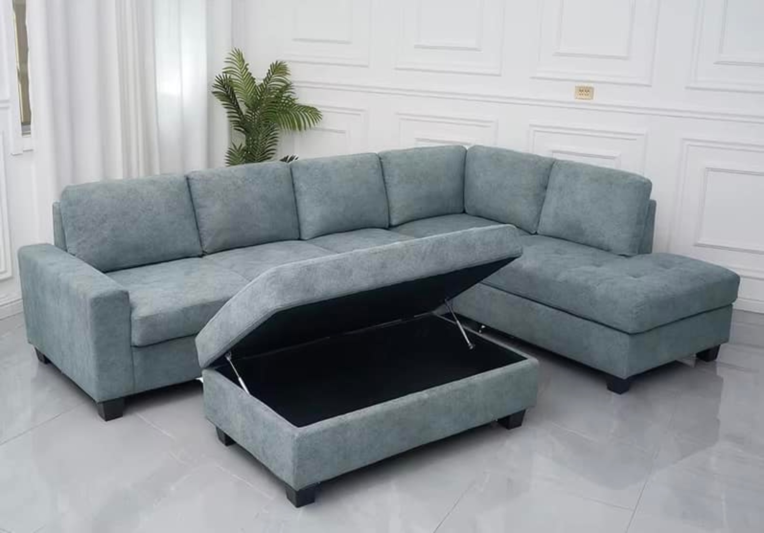 NEW Slate Blue Chaise Sectional + Storage Ottoman Image #1 | Ivy Store
