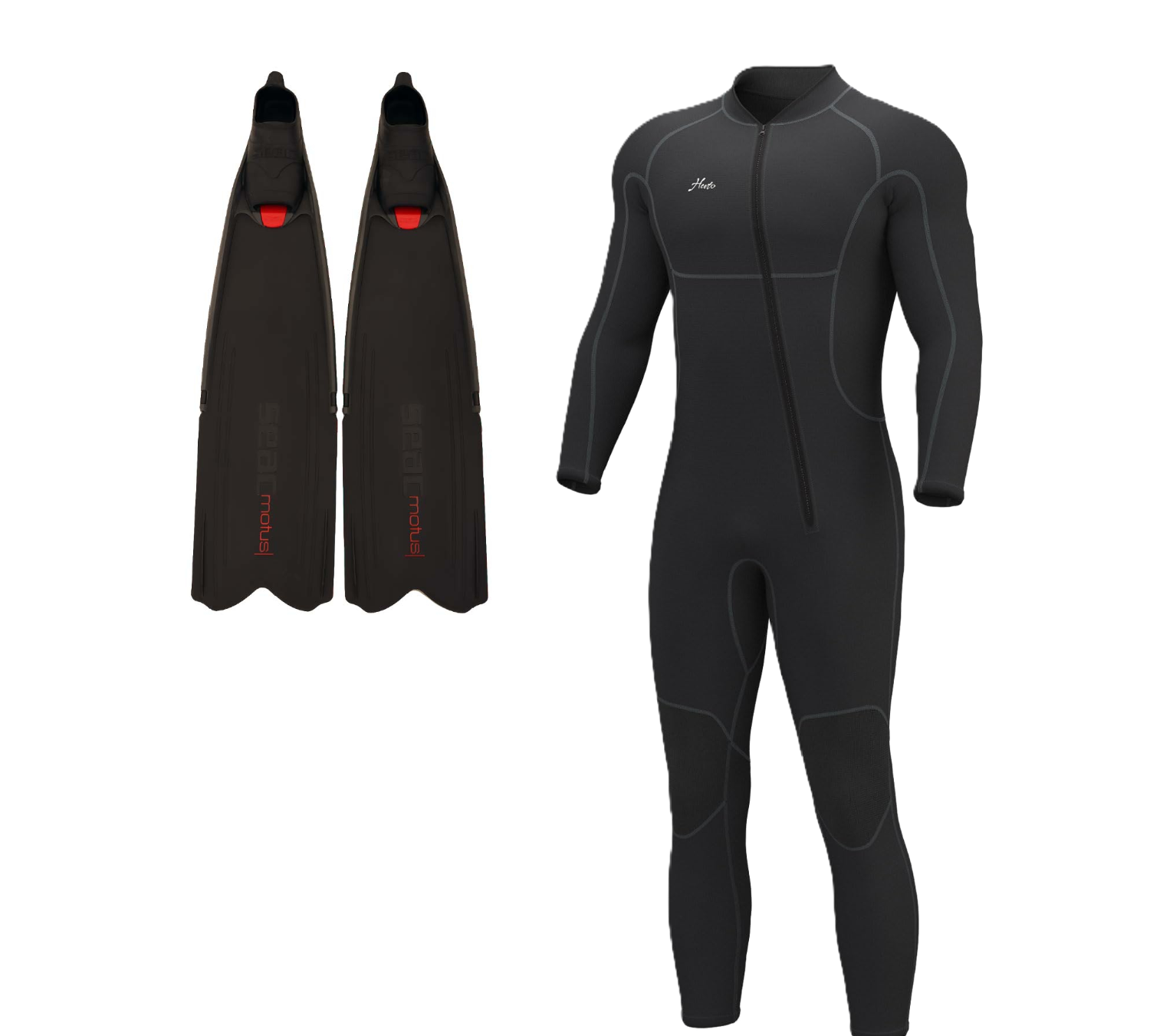 Long Powerful Free Diving Fins by Seac Motus US12.5-13.5 & NEW HevtO 3/2mm Neoprene Wet Suit XL Image #1 | Ivy Store