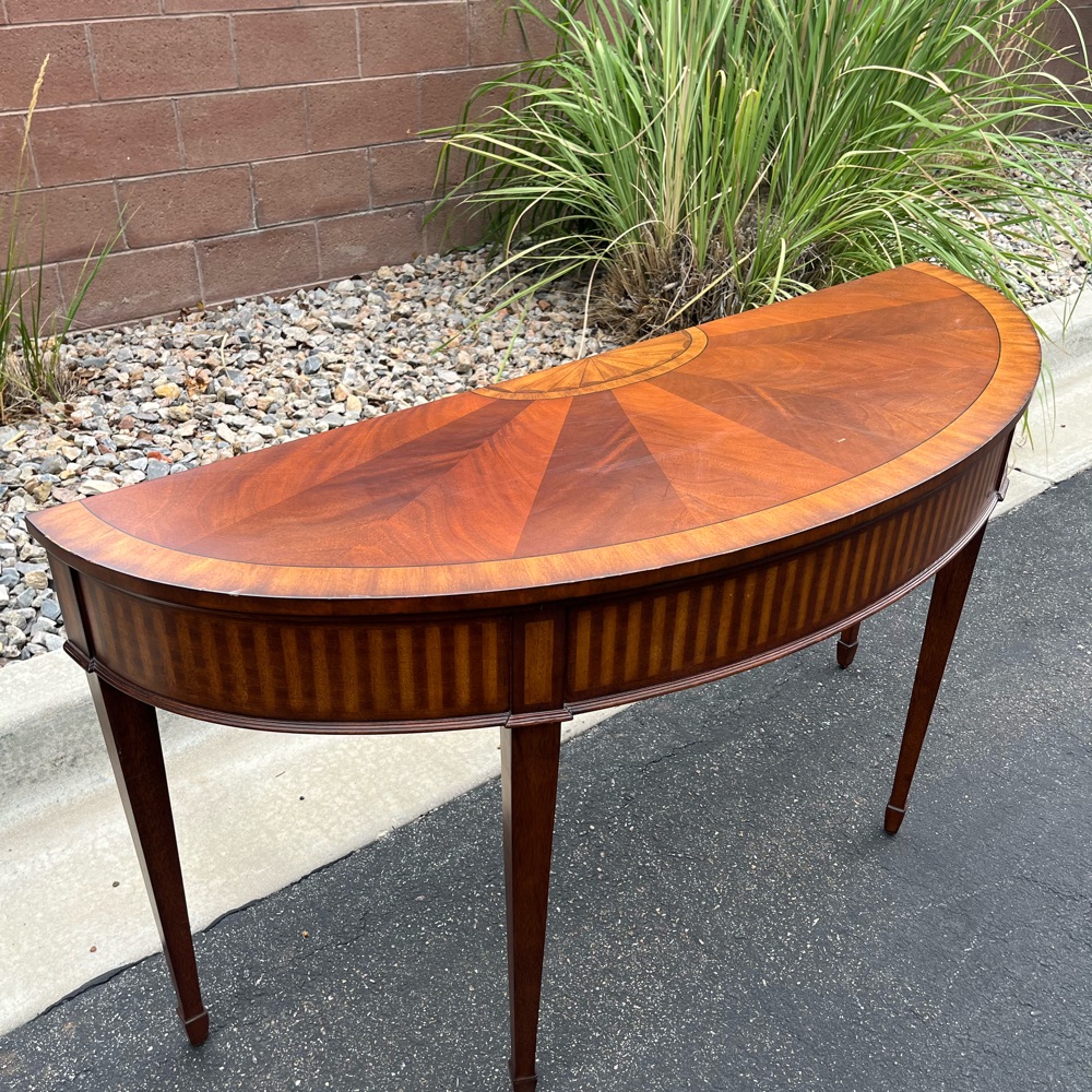 🚛Vintage Ethan Allen Inlaid Mahogony Sofa Console Table Demilune  image | Ivy Store