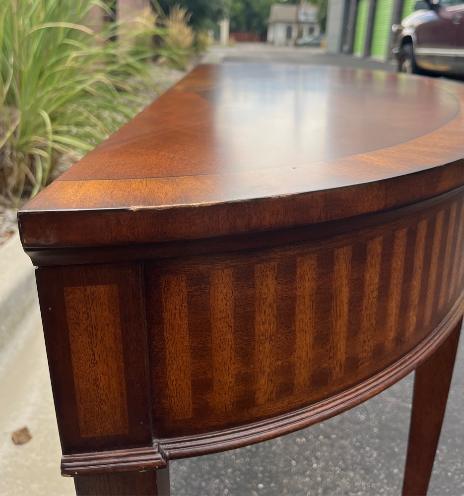 🚛Vintage Ethan Allen Inlaid Mahogony Sofa Console Table Demilune  image | Ivy Store