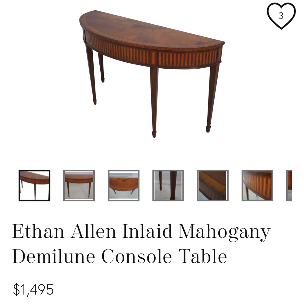 🚛Vintage Ethan Allen Inlaid Mahogany Sofa Console Table Demilune Image #2 | Ivy Store