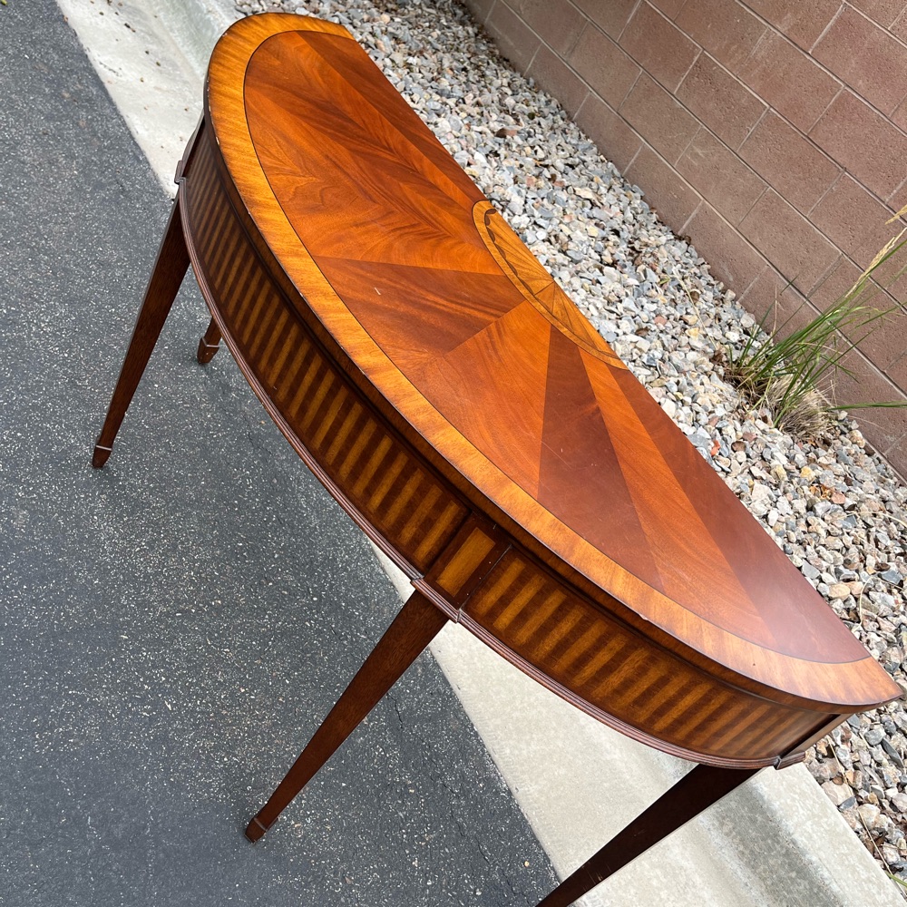 🚛Vintage Ethan Allen Inlaid Mahogony Sofa Console Table Demilune  image | Ivy Store