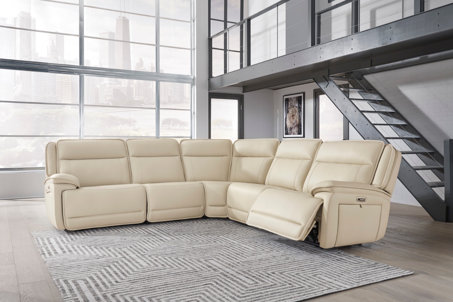 🛋️ Double Deal 5-Piece Power Reclining Sectional – Real Leather – Almond – Brand New! Image #1 | Ivy Store