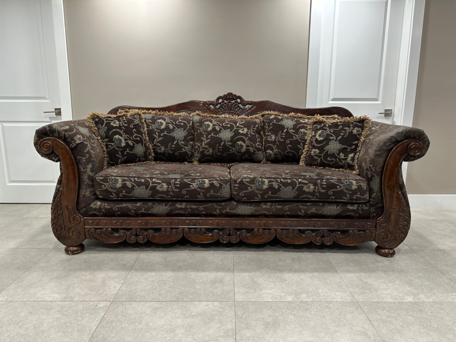 Nice Victorian Brown Fabric/Wooden Sofa Couch — FREE DELIVERY Image #1 | Ivy Store