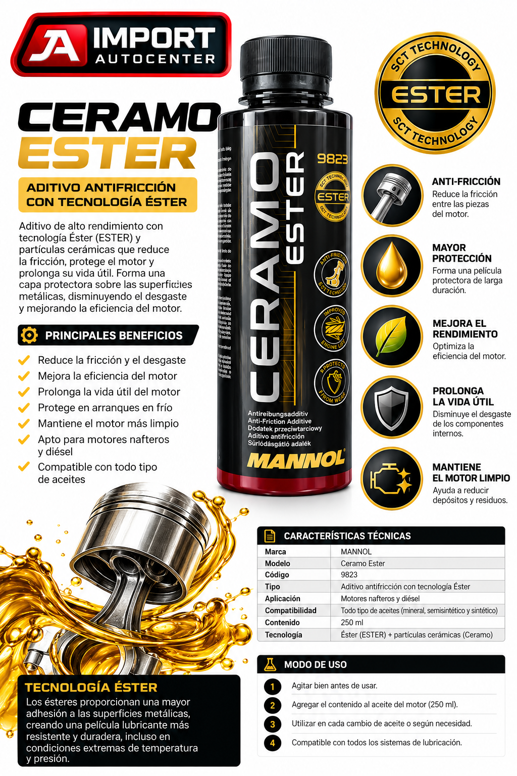 Aditivo Antifricción MANNOL Ceramo Ester 9823 250ml – Protector de Motor - imagen 2