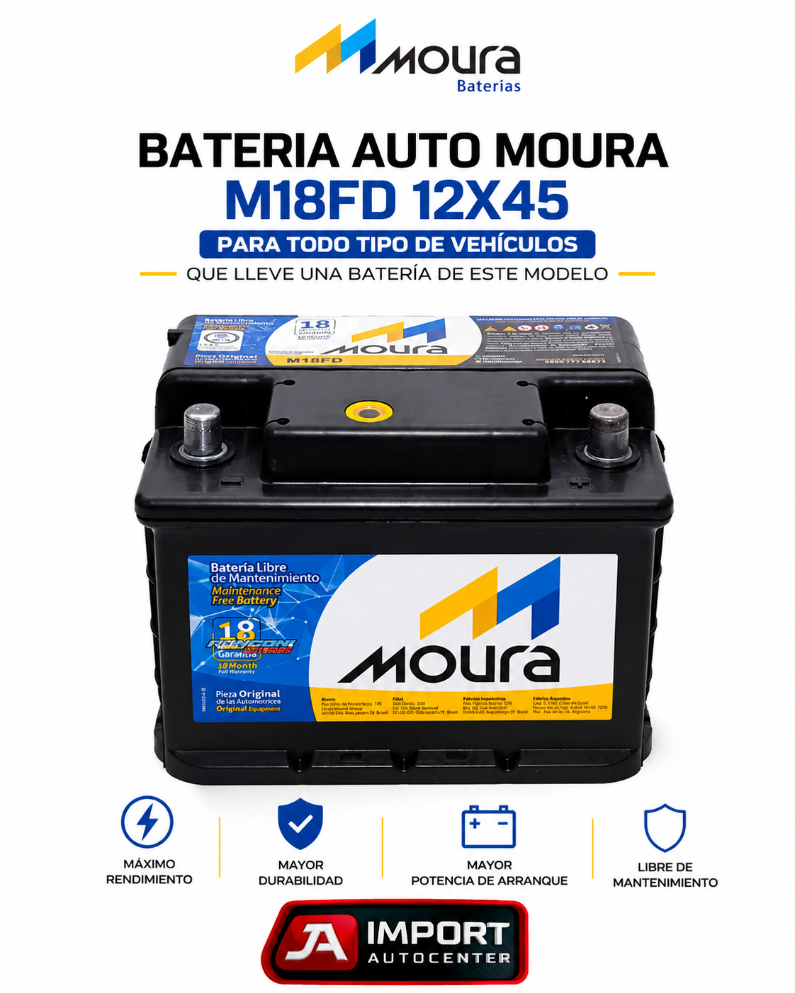 Batería Moura M18FD 12V 45Ah Libre de Mantenimiento 18 Meses de Garantía
