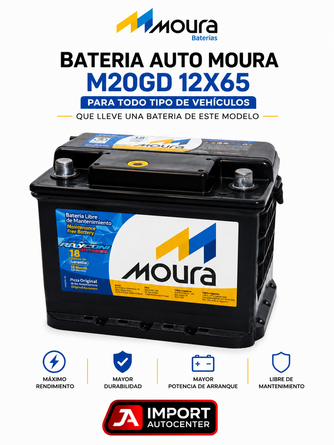 Batería Moura M20GD 12x65 Libre de Mantenimiento – 18 Meses de Garantía
