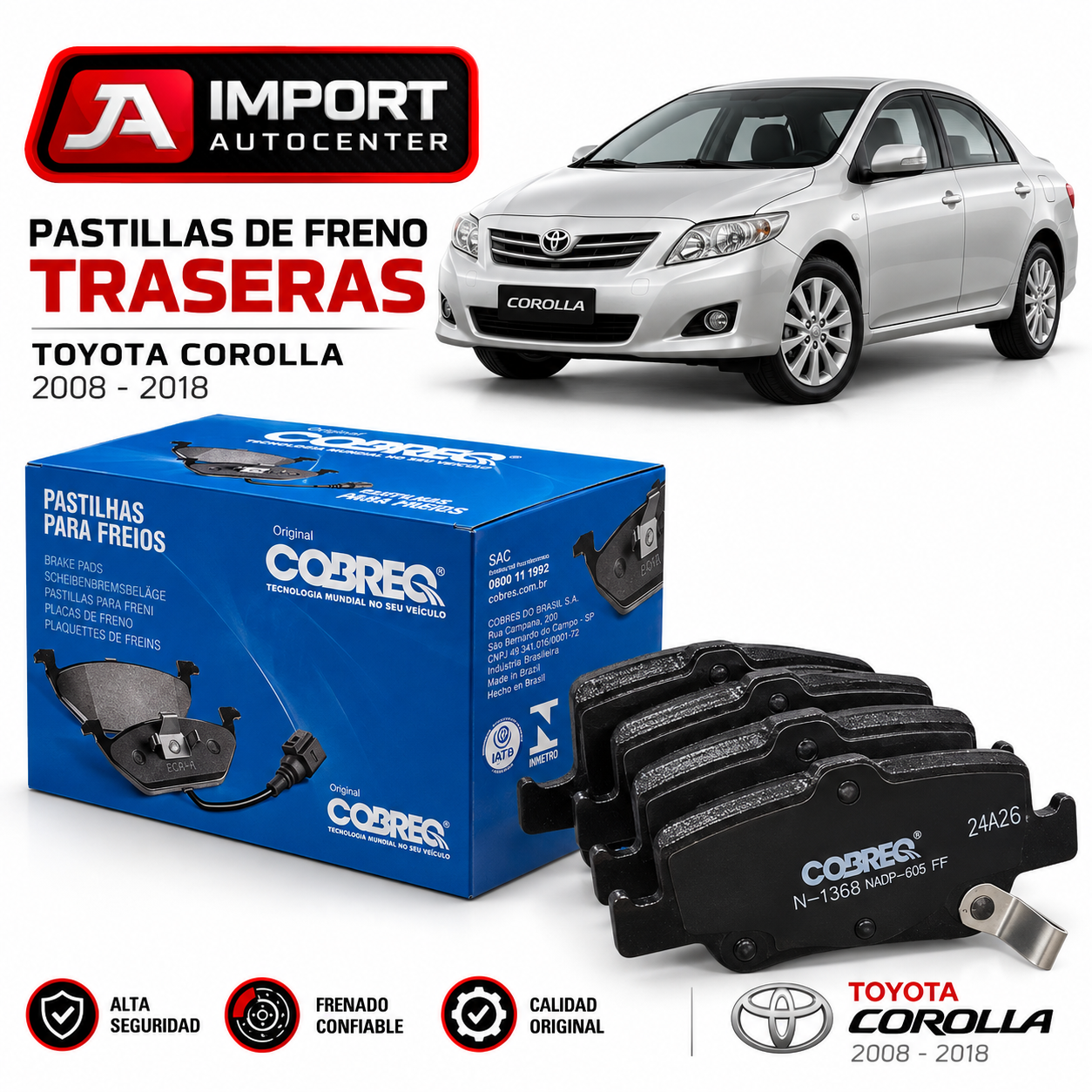 Pastillas de Freno Traseras COBREQ Toyota Corolla 2008–2018