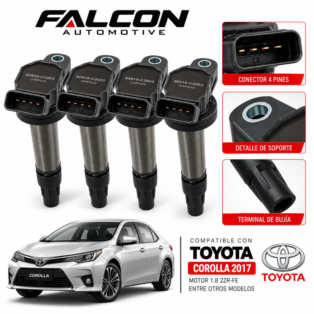Kit 4 Bobinas FALCON Automotive Toyota Corolla 1.8 2ZR-FE 90919-C2003