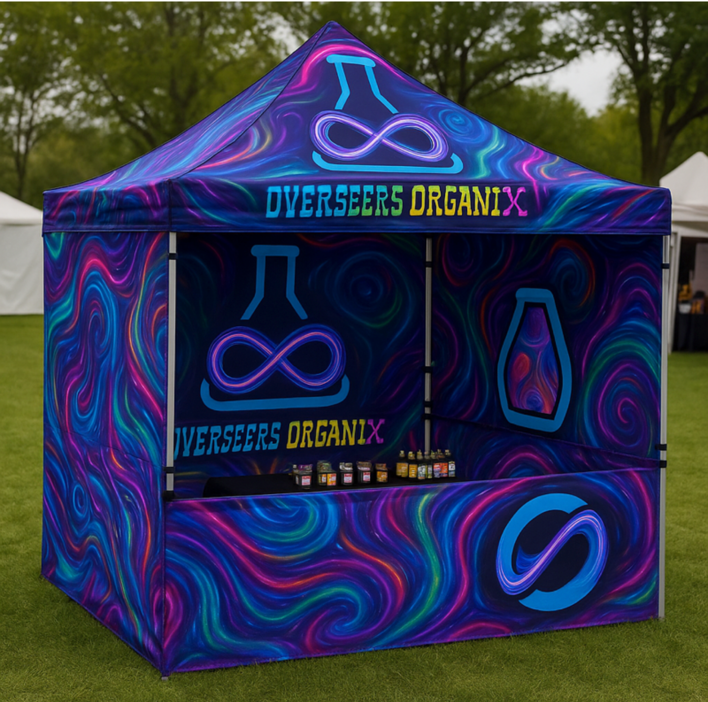A festival tent for Overseas Organix with text.