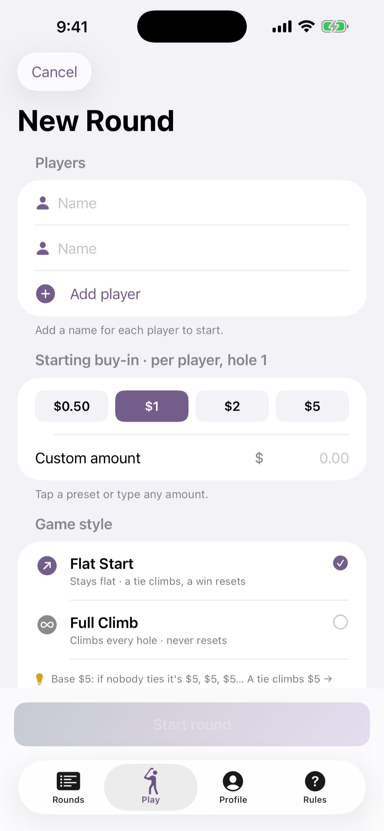 FibonacciGolf new round setup — players, buy-in, game mode