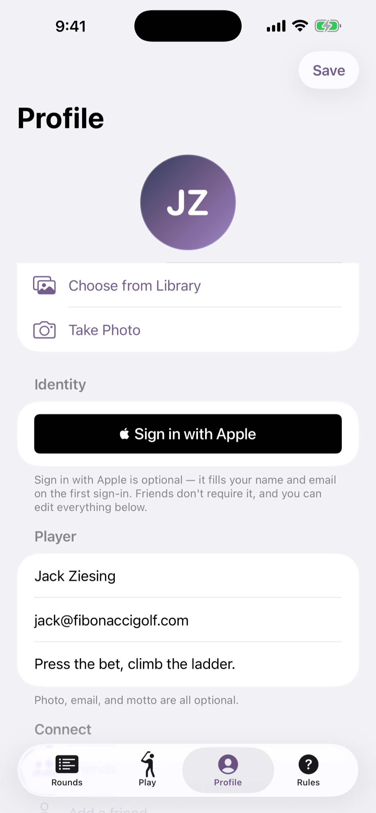 FibonacciGolf profile — name, motto, photo, and Sign in with Apple