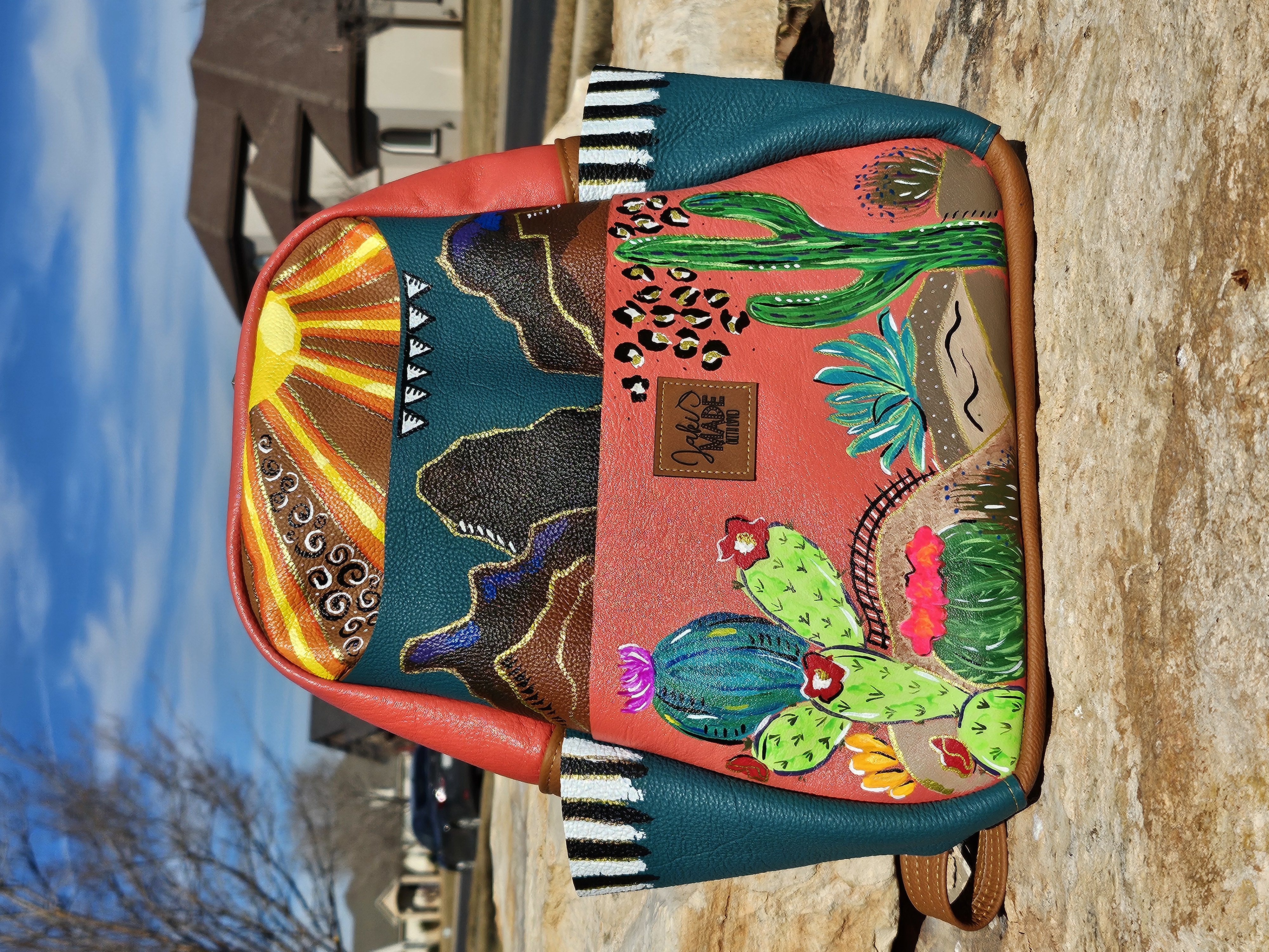 Southwest hand painted leather backpack 