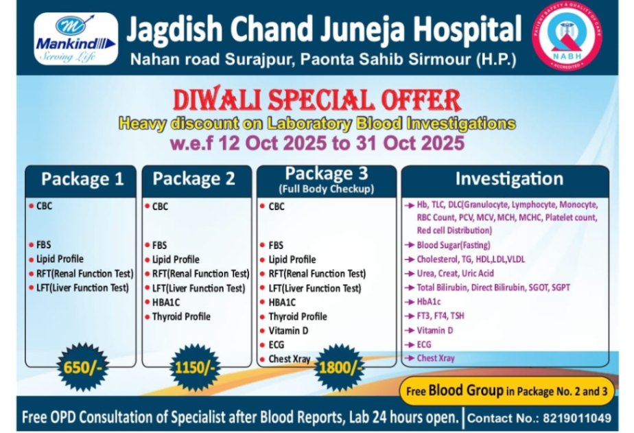 दिवाली के उपलक्ष पर मैनकाइंड ग्रुप जे सी जुनेजा चेरिटेबल हॉस्पिटल द्वारा खून की जांचो पर भारी छूट