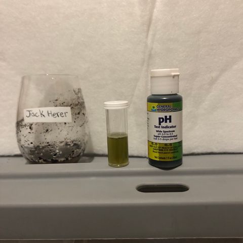 Jack Herer  growlog photo: Did my first soil slurry test on both plants 🌱. Had the ph meter and general hydroponics ph drops all along. Read many times before that soil slurry tests are more accurate than testing runoff. Only used the drops because I need to recalibrate ph meter. 