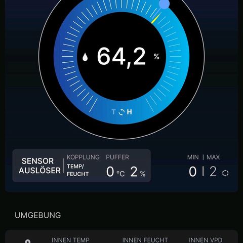 Crescendo 24/2 growlog photo: Um den Luftbefeuchter nur zu nutzen wenn die Transpiration der Pflanzen und Töpfe nicht mehr ausreicht, wird er auf 63 % eingestellt.