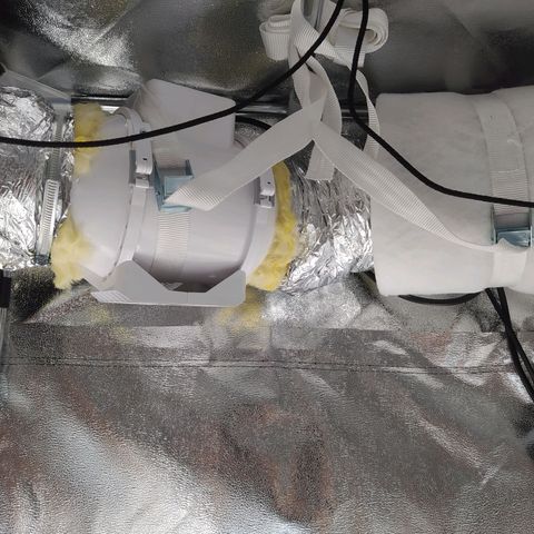 Green Gelato Auto - My First Grow! growlog photo: Lights and extractor fan/filter combo. Had to cut ducting myself and I cut too much between the filter and fan. That's why it's bending.