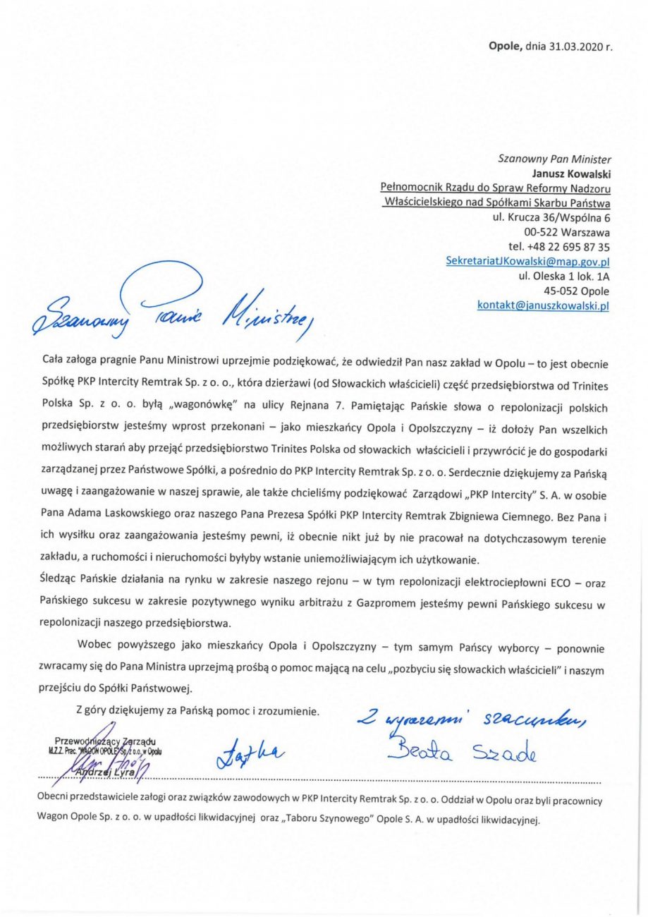 Podziękowania od załogi PKP Intercity Remtrak w Opolu