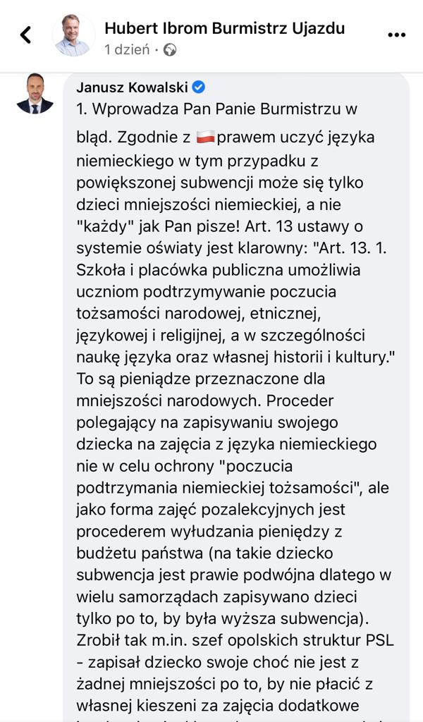 Janusz Kowalski odpowiada burmistrzowi Ujazdu w sprawie finansowania nauki niemieckiego