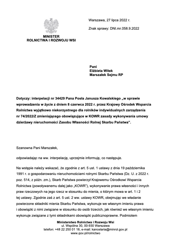 Podsumowanie kontroli poselskiej w KOWR w Opolu