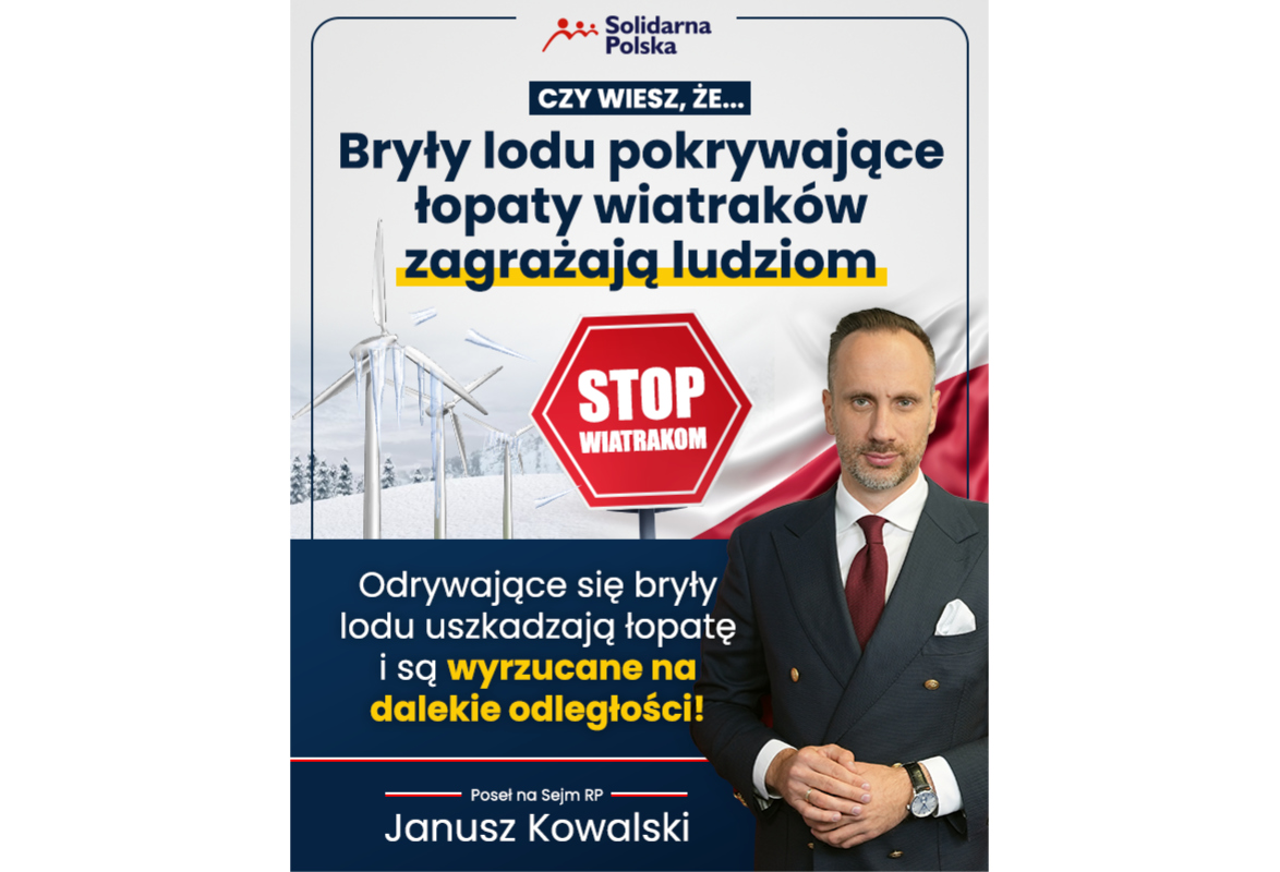 Zdjęcie do artykułu: Bryły lodu pokrywające łopaty wiatraków zagrażają ludziom