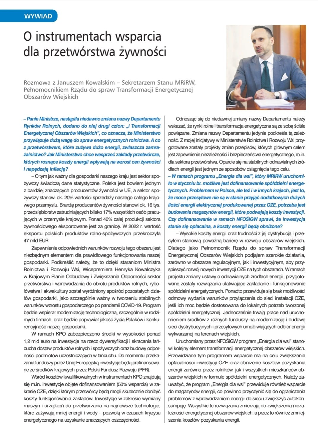 Zdjęcie do artykułu: O instrumentach wsparcia dla przetwórstwa żywności – rozmowa z wiceministrem Januszem Kowalskim