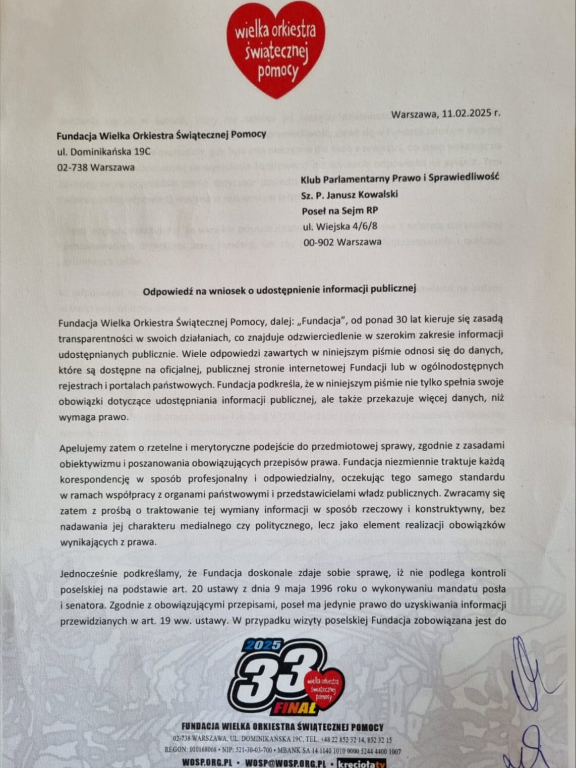 Odpowiedź Jerzego Owsiaka na pytania posła Janusza Kowalskiego!