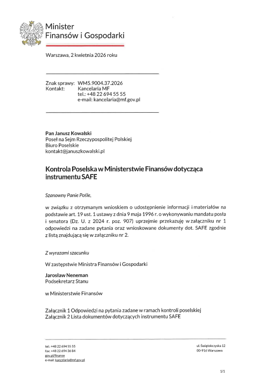 Ujawniam wyniki kontroli poselskiej w sprawie instrumentu SAFE