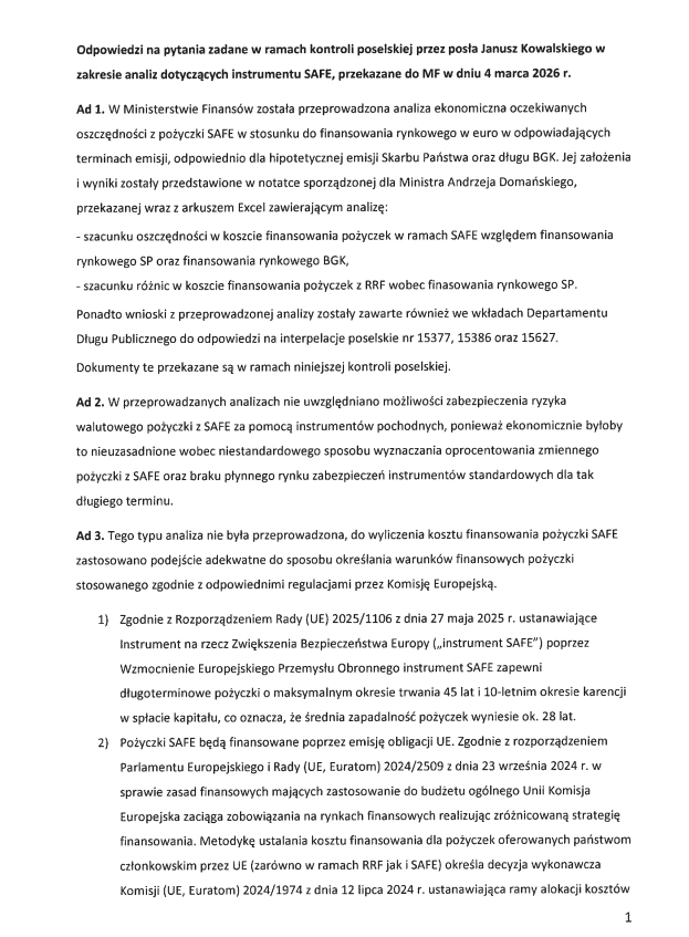 Ujawniam wyniki kontroli poselskiej w sprawie instrumentu SAFE