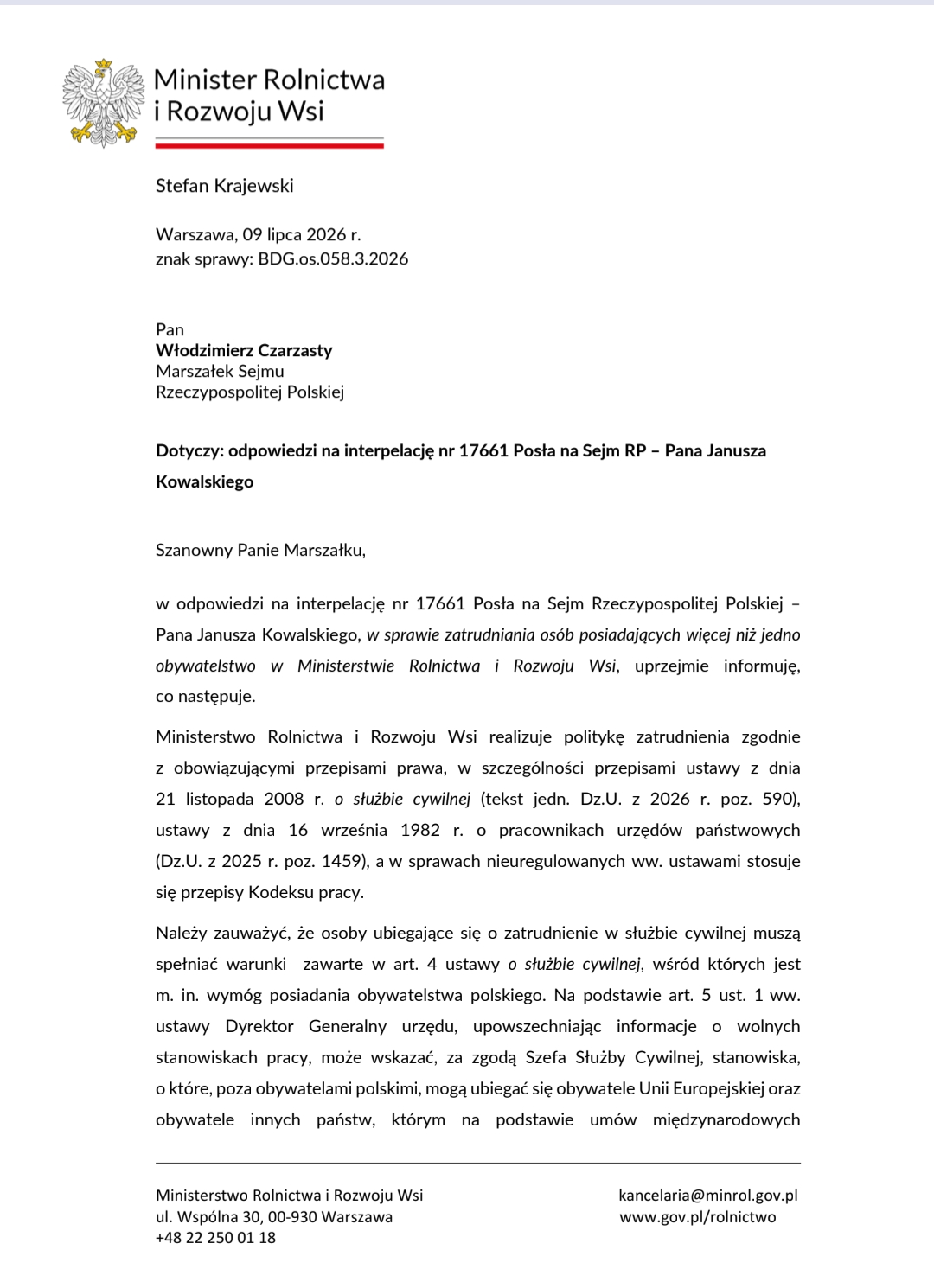 Interpelacja w sprawie zatrudniania osób posiadających więcej niż jedno obywatelstwo w Ministerstwie Rolnictwa i Rozwoju Wsi