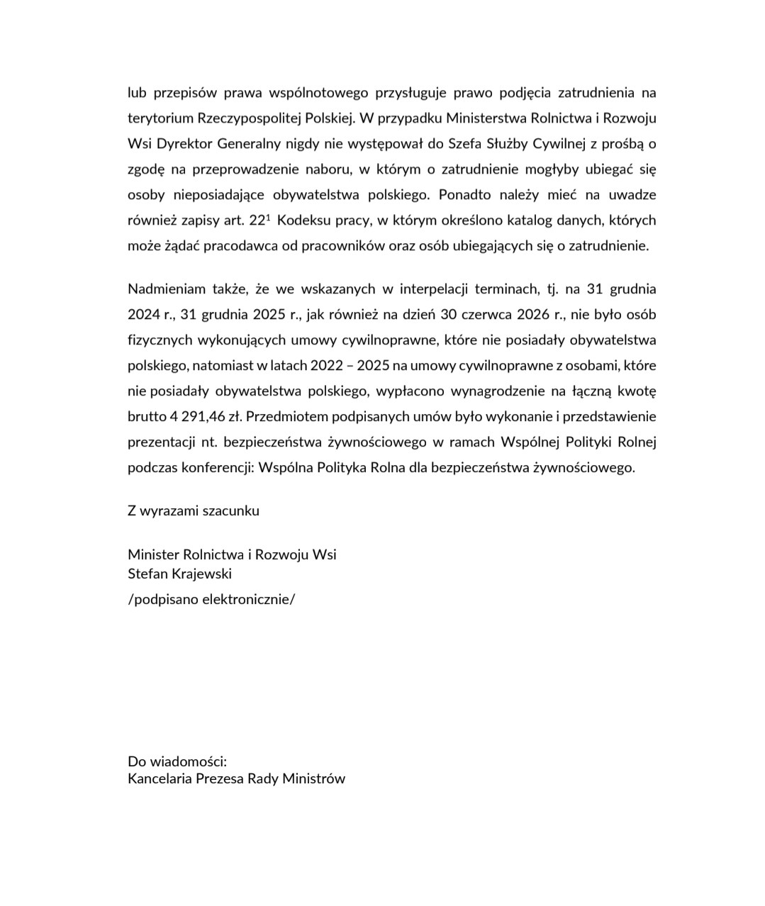Interpelacja w sprawie zatrudniania osób posiadających więcej niż jedno obywatelstwo w Ministerstwie Rolnictwa i Rozwoju Wsi
