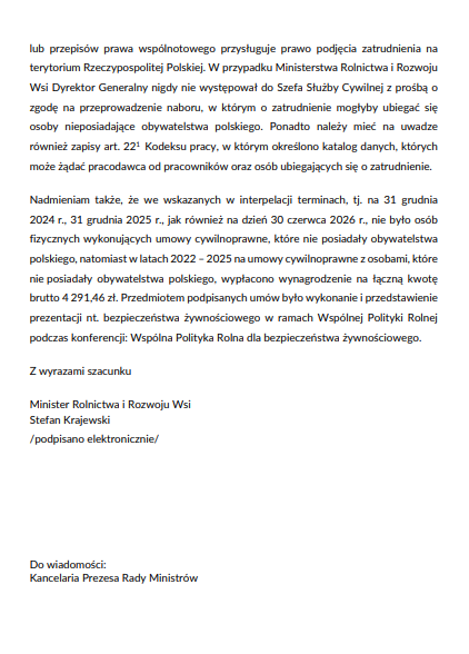 Ilu cudzoziemców pracuje w Ministerstwie Rolnictwa i Rozwoju Wsi?