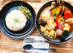 Chicken with crispy fried skin and 20 kinds of vegetables in soup curry.