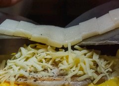 厚切り豚肉に乗せたチーズの上に餅をズラッと乗せて。