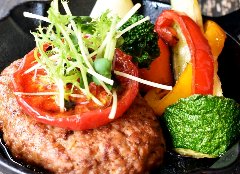 自家製ドライトマトと野菜を添えた植物性ハンバーグステーキ